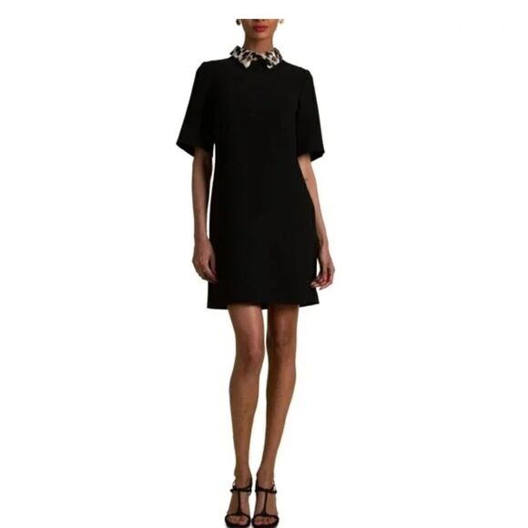 TRINA TURK Yokan Faux Fur Collar Black Shift Dress 0 - Picture 1 of 5